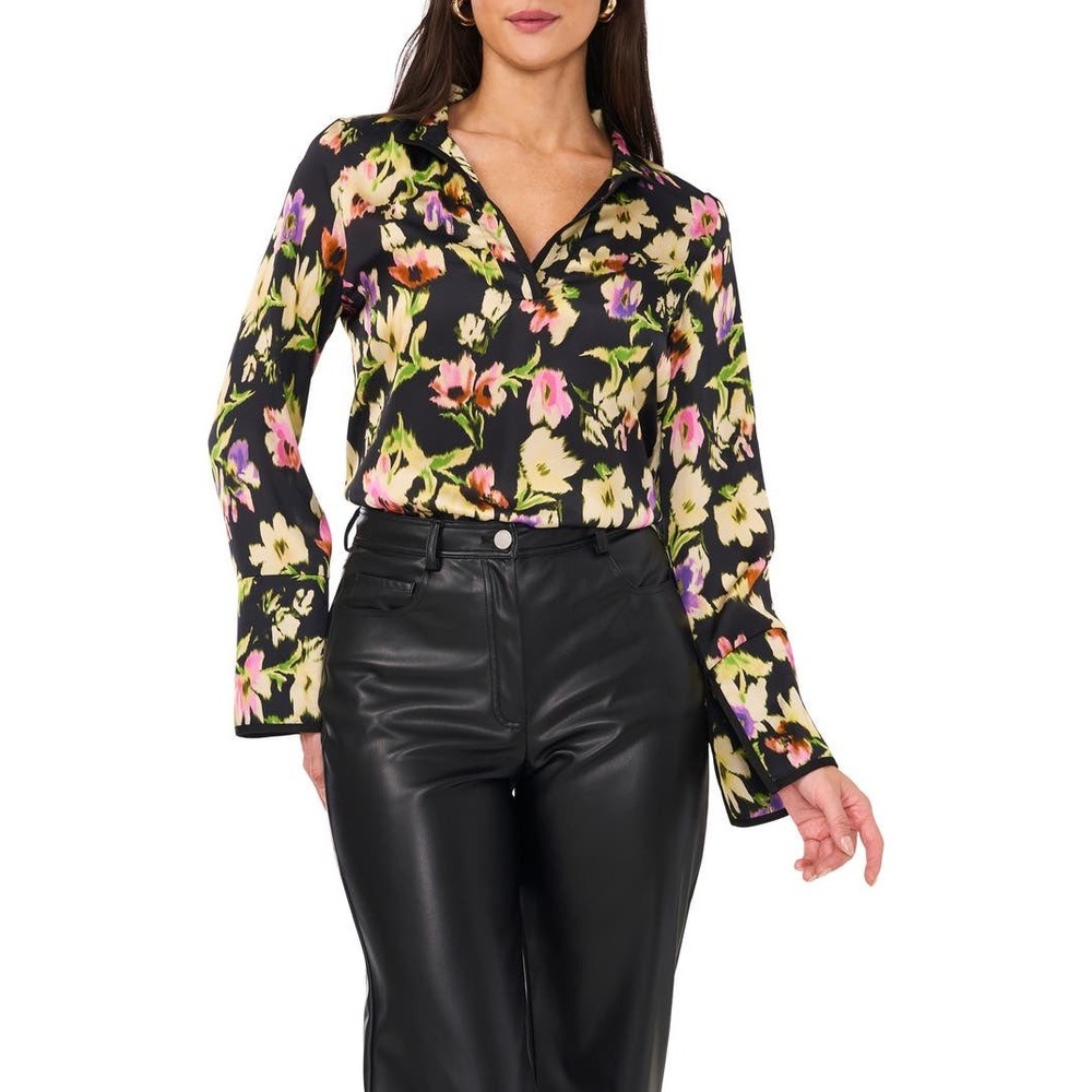 Vince Camuto Womens Floral Long Sleeve Split Neck Blouse Top Black XS NWT - Picture 1 of 10